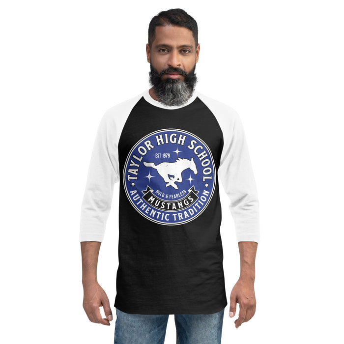 Man wearing Taylor High School Mustangs Unisex 3/4 sleeve Raglan T-shirt 215