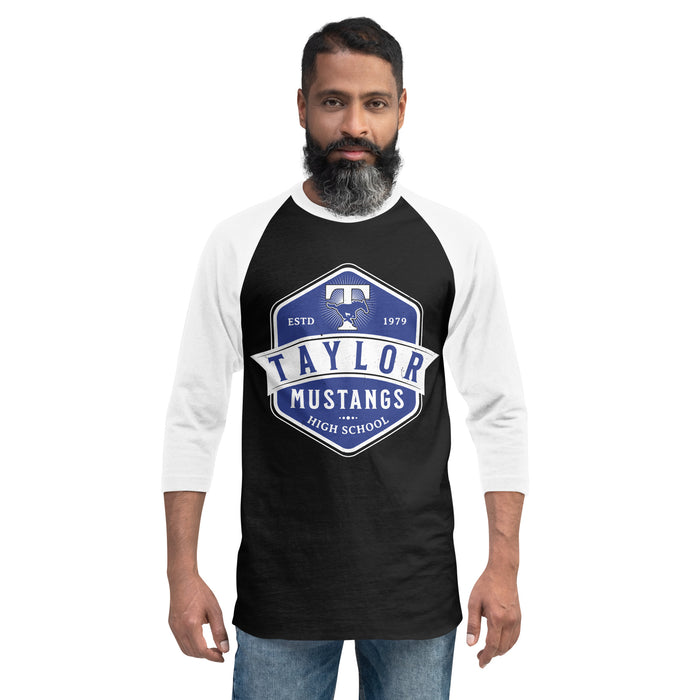 Man wearing Taylor High School Mustangs Unisex 3/4 sleeve Raglan T-shirt 209