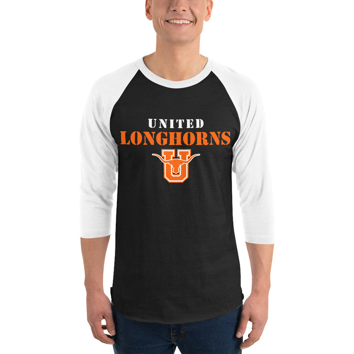 Man wearing United High School Longhorns Unisex 3/4 sleeve Raglan T-shirt 222