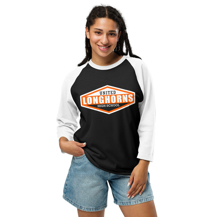 Woman wearing United High School Longhorns Unisex 3/4 sleeve Raglan T-shirt 009