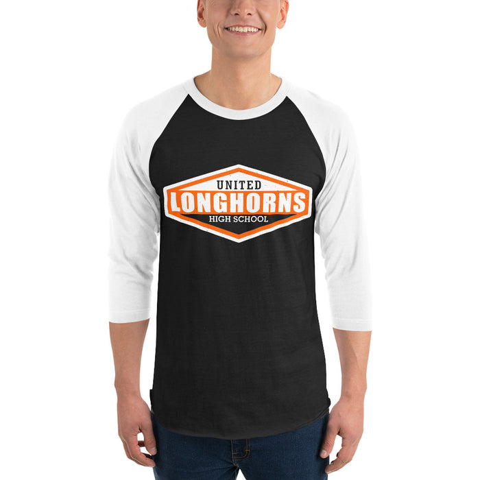 Man wearing United High School Longhorns Unisex 3/4 sleeve Raglan T-shirt 009