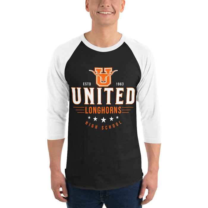 Man wearing United High School Longhorns Unisex 3/4 sleeve Raglan T-shirt 217