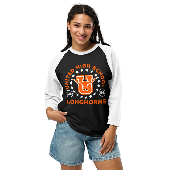 Woman wearing United High School Longhorns Unisex 3/4 sleeve Raglan T-shirt 208