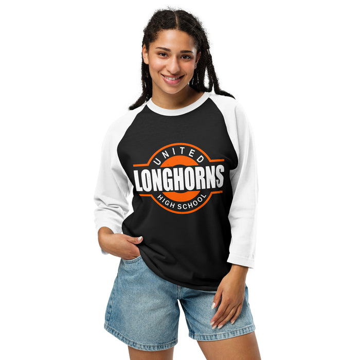 Woman wearing United High School Longhorns Unisex 3/4 sleeve Raglan T-shirt 011