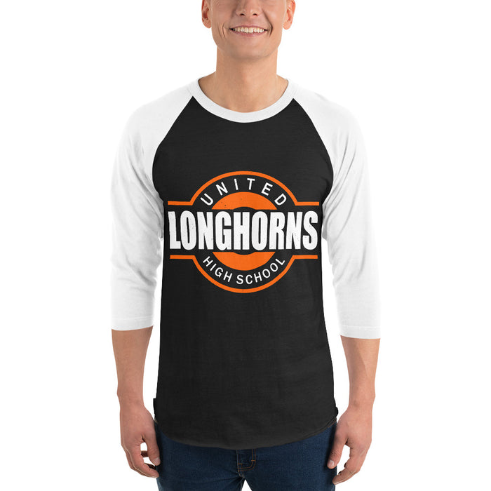 Man wearing United High School Longhorns Unisex 3/4 sleeve Raglan T-shirt 011