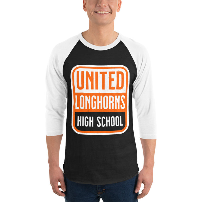 Man wearing United High School Longhorns Unisex 3/4 sleeve Raglan T-shirt 001