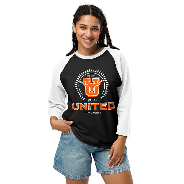 Woman wearing United High School Longhorns Unisex 3/4 sleeve Raglan T-shirt 226