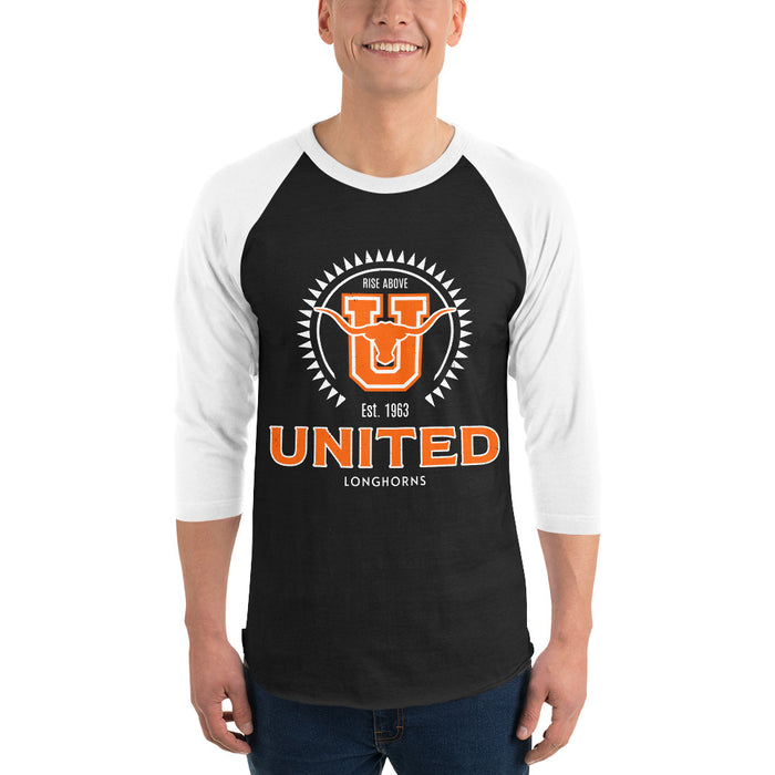 Man wearing United High School Longhorns Unisex 3/4 sleeve Raglan T-shirt 226