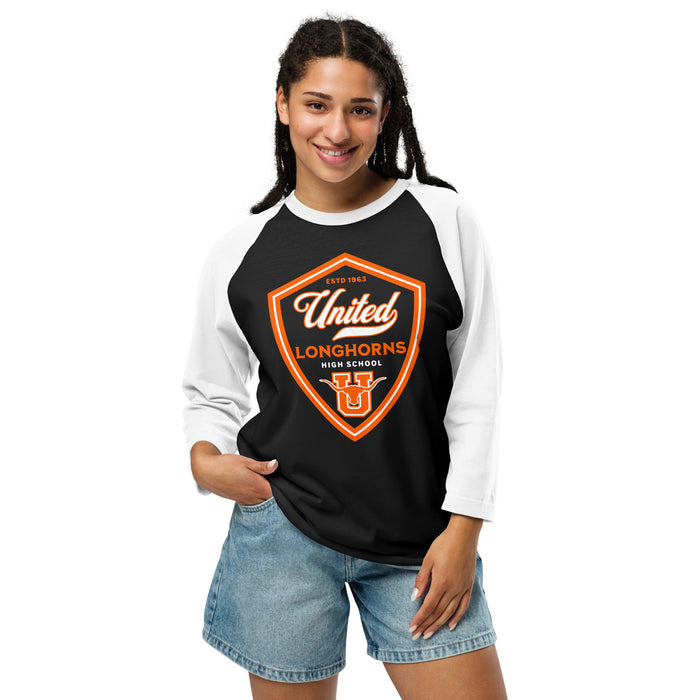 Woman wearing United High School Longhorns Unisex 3/4 sleeve Raglan T-shirt 225