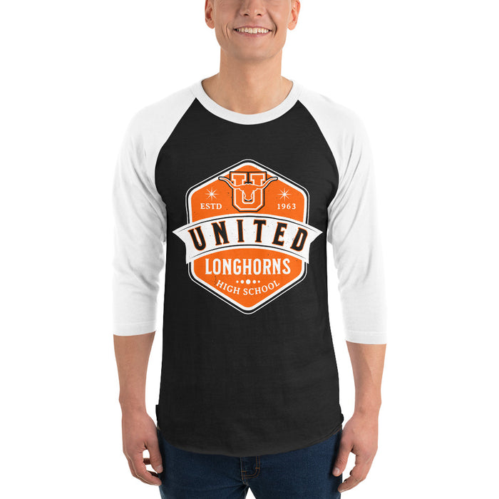 Man wearing United High School Longhorns Unisex 3/4 sleeve Raglan T-shirt 209