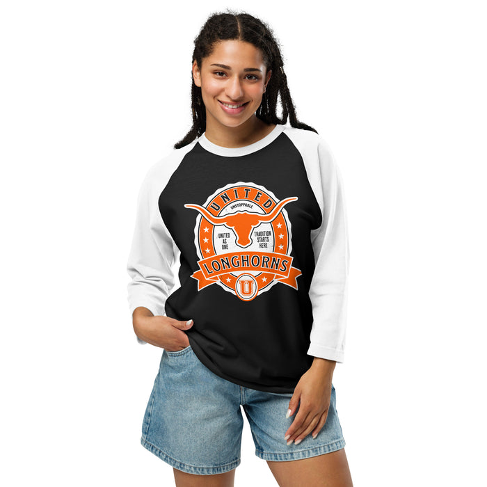 Woman wearing United High School Longhorns Unisex 3/4 sleeve Raglan T-shirt 212