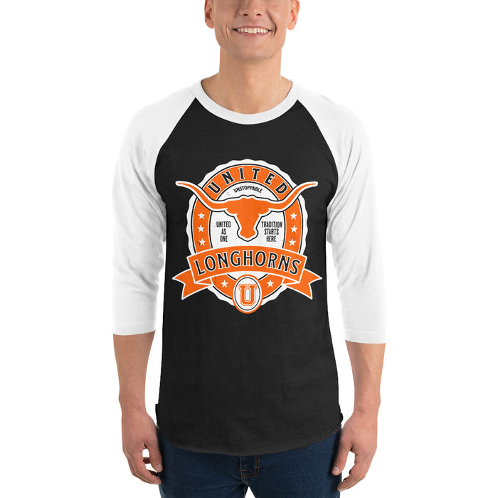 Man wearing United High School Longhorns Unisex 3/4 sleeve Raglan T-shirt 212