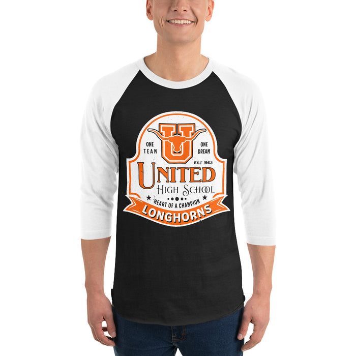 Man wearing United High School Longhorns Unisex 3/4 sleeve Raglan T-shirt 219