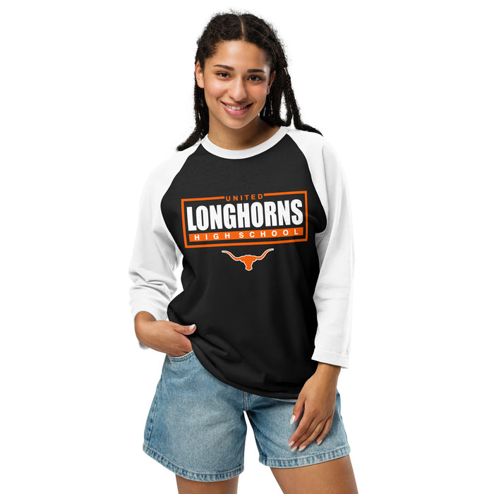 Woman wearing United High School Longhorns Unisex 3/4 sleeve Raglan T-shirt 049