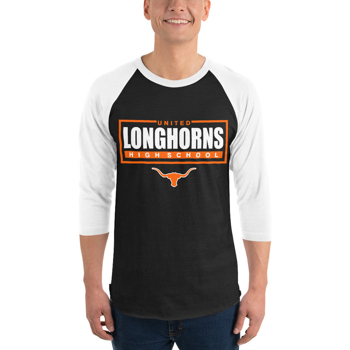 Man wearing United High School Longhorns Unisex 3/4 sleeve Raglan T-shirt 049