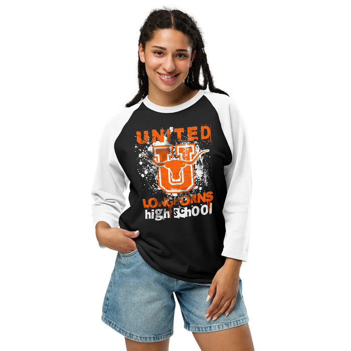 Woman wearing United High School Longhorns Unisex 3/4 sleeve Raglan T-shirt 205