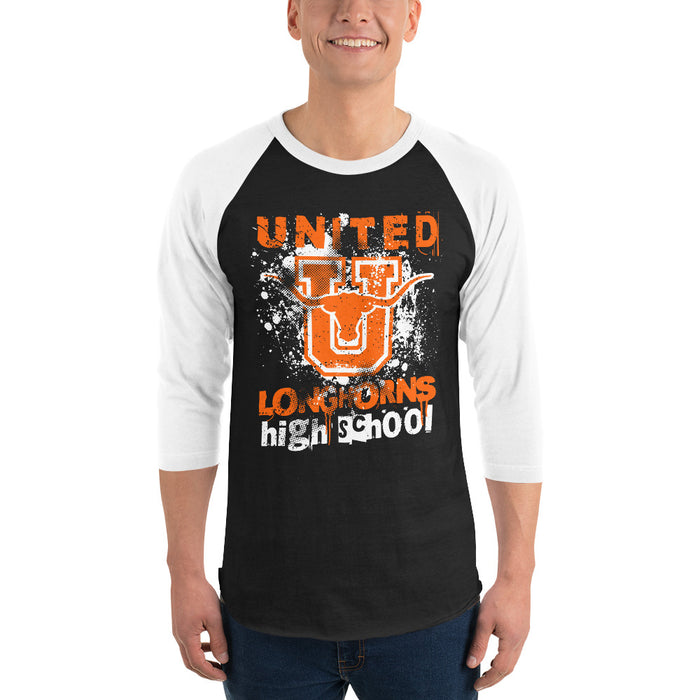 Man wearing United High School Longhorns Unisex 3/4 sleeve Raglan T-shirt 205