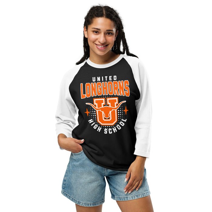 Woman wearing United High School Longhorns Unisex 3/4 sleeve Raglan T-shirt 204