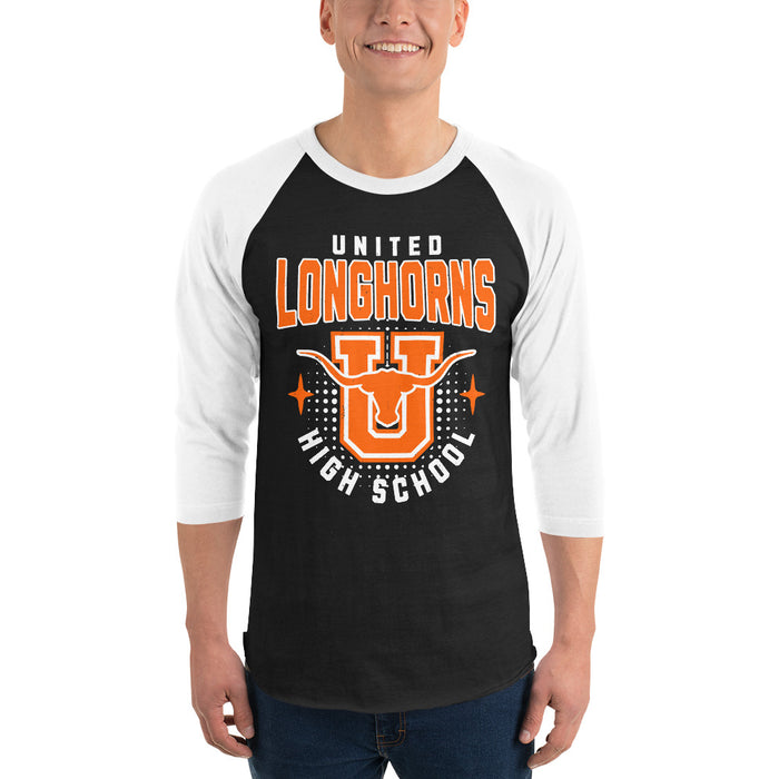 Man wearing United High School Longhorns Unisex 3/4 sleeve Raglan T-shirt 204