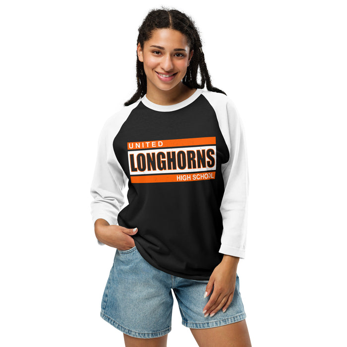 Woman wearing United High School Longhorns Unisex 3/4 sleeve Raglan T-shirt 098