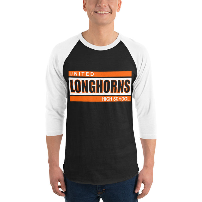 Man wearing United High School Longhorns Unisex 3/4 sleeve Raglan T-shirt 098