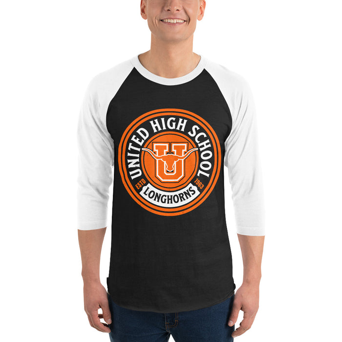 Man wearing United High School Longhorns Unisex 3/4 sleeve Raglan T-shirt 220