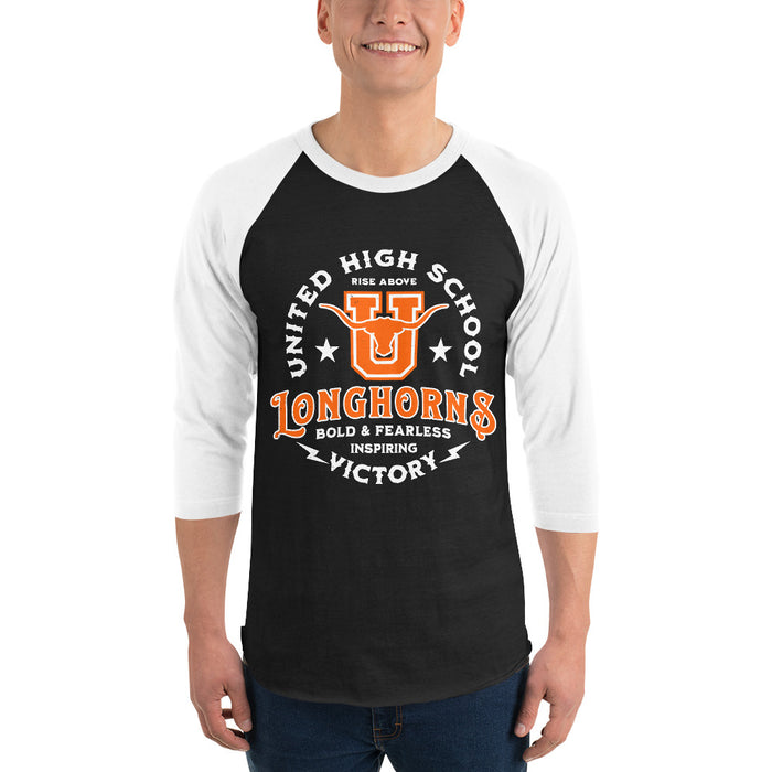 Man wearing United High School Longhorns Unisex 3/4 sleeve Raglan T-shirt 206