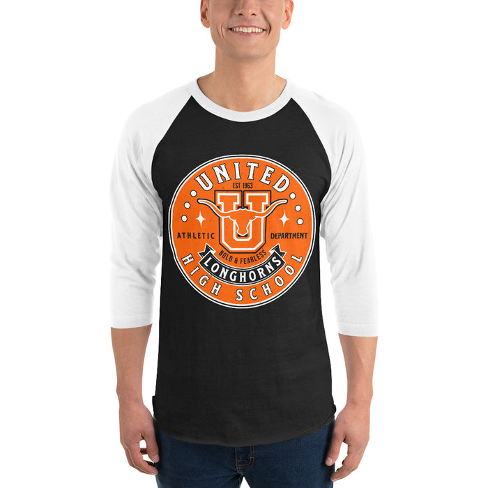 Man wearing United High School Longhorns Unisex 3/4 sleeve Raglan T-shirt 215