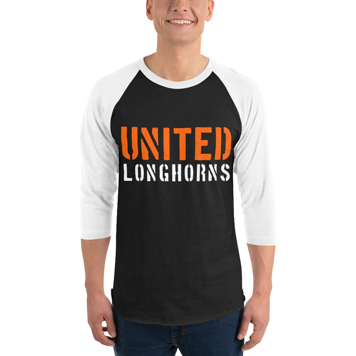 Man wearing United High School Longhorns Unisex 3/4 sleeve Raglan T-shirt 017