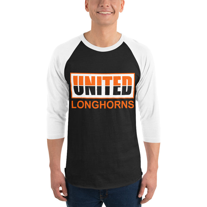 Man wearing United High School Longhorns Unisex 3/4 sleeve Raglan T-shirt 031