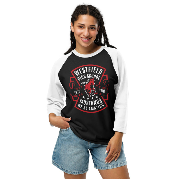 Woman wearing Westfield High School Mustangs Unisex 3/4 sleeve Raglan T-shirt 207