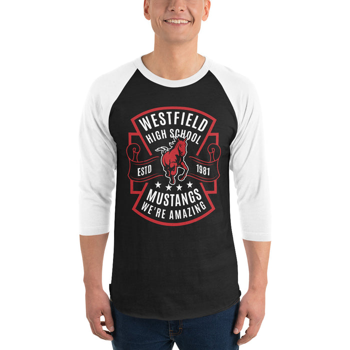 Man wearing Westfield High School Mustangs Unisex 3/4 sleeve Raglan T-shirt 207