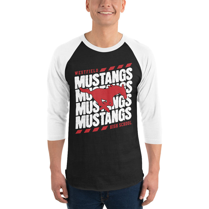 Man wearing Westfield High School Mustangs Unisex 3/4 sleeve Raglan T-shirt 223