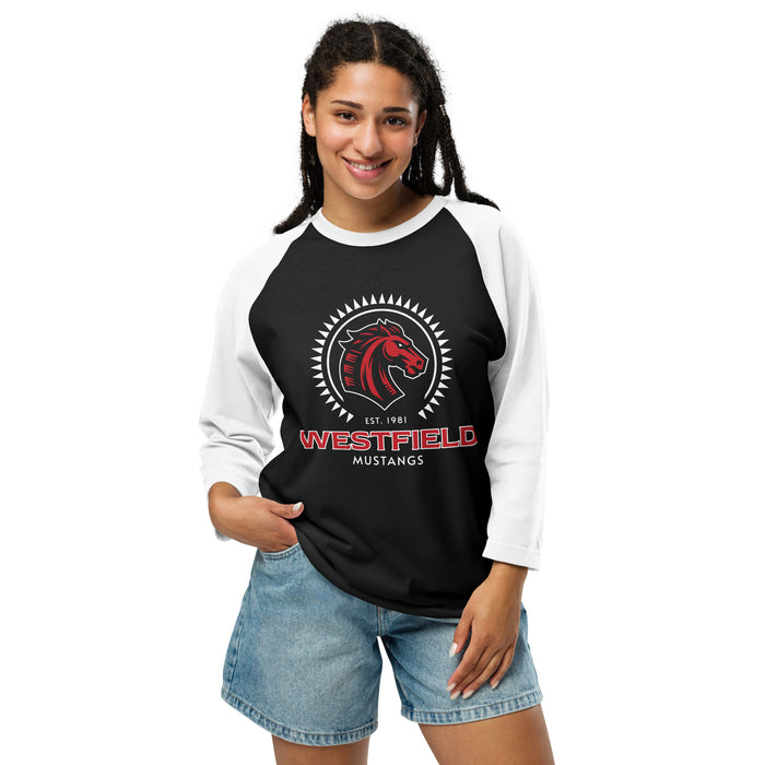 Woman wearing Westfield High School Mustangs Unisex 3/4 sleeve Raglan T-shirt 226