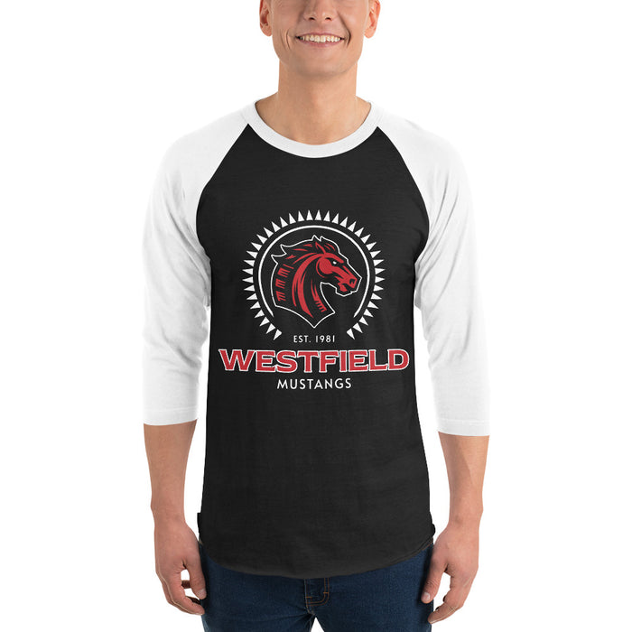 Man wearing Westfield High School Mustangs Unisex 3/4 sleeve Raglan T-shirt 226