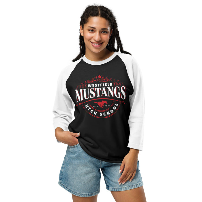 Woman wearing Westfield High School Mustangs Unisex 3/4 sleeve Raglan T-shirt 211