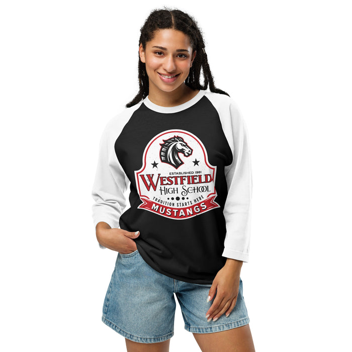 Woman wearing Westfield High School Mustangs Unisex 3/4 sleeve Raglan T-shirt 219