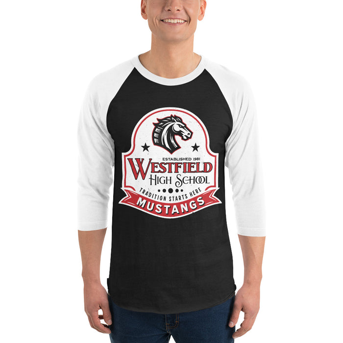 Man wearing Westfield High School Mustangs Unisex 3/4 sleeve Raglan T-shirt 219