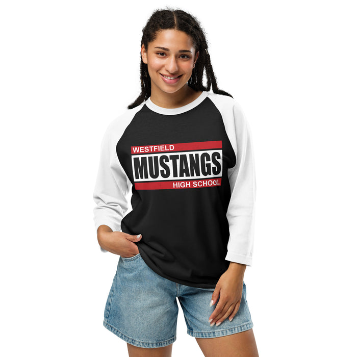 Woman wearing Westfield High School Mustangs Unisex 3/4 sleeve Raglan T-shirt 098