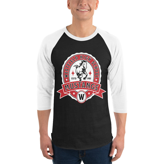 Man wearing Westfield High School Mustangs Unisex 3/4 sleeve Raglan T-shirt 212