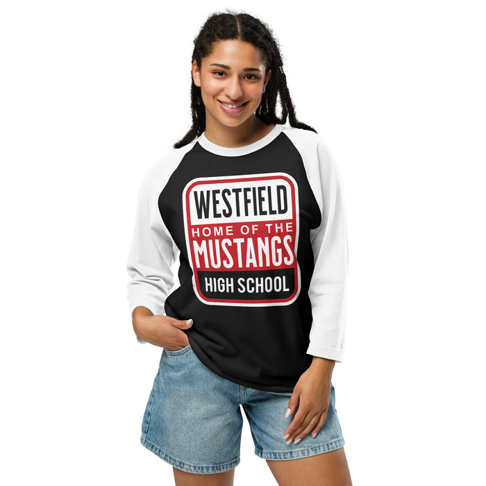 Woman wearing Westfield High School Mustangs Unisex 3/4 sleeve Raglan T-shirt 001