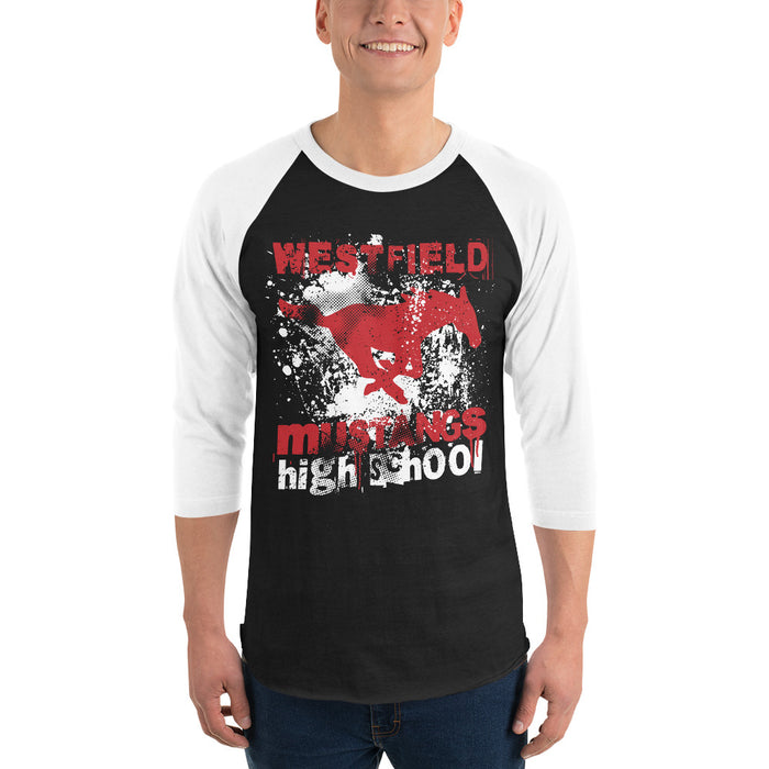 Man wearing Westfield High School Mustangs Unisex 3/4 sleeve Raglan T-shirt 205