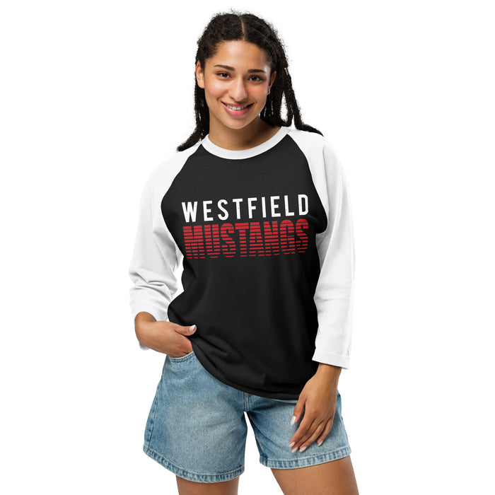 Woman wearing Westfield High School Mustangs Unisex 3/4 sleeve Raglan T-shirt 024