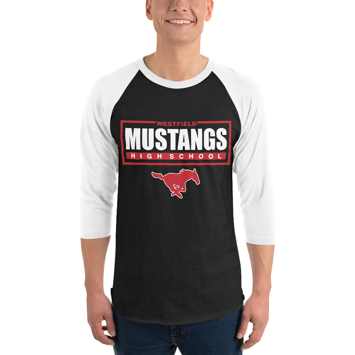 Man wearing Westfield High School Mustangs Unisex 3/4 sleeve Raglan T-shirt 049