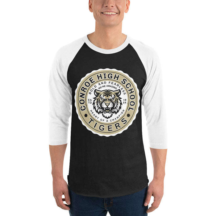 Man wearing Conroe High School Tigers Unisex 3/4 sleeve Raglan T-shirt 216