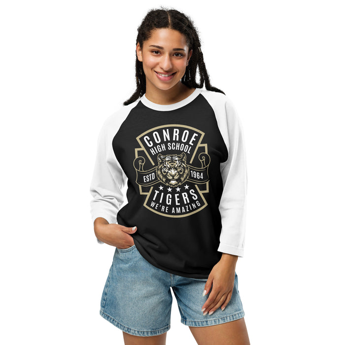 Woman wearing Conroe High School Tigers Unisex 3/4 sleeve Raglan T-shirt 207