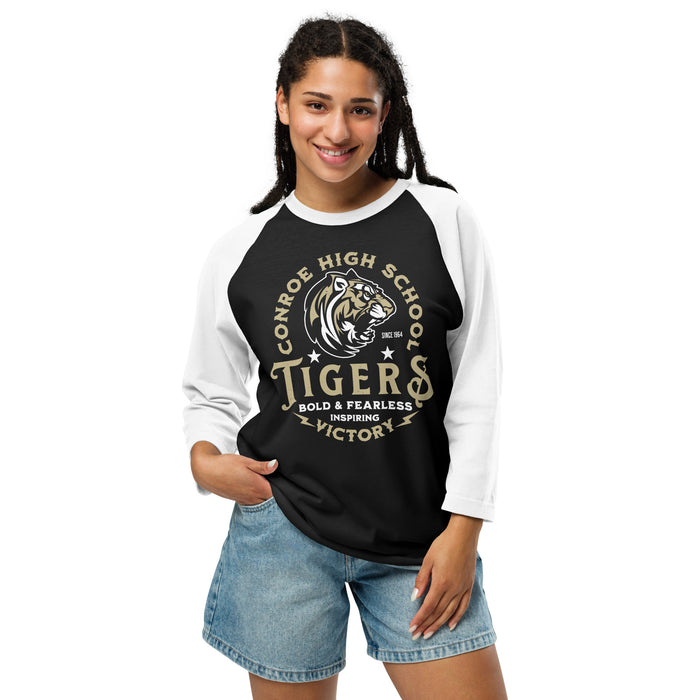 Woman wearing Conroe High School Tigers Unisex 3/4 sleeve Raglan T-shirt 206