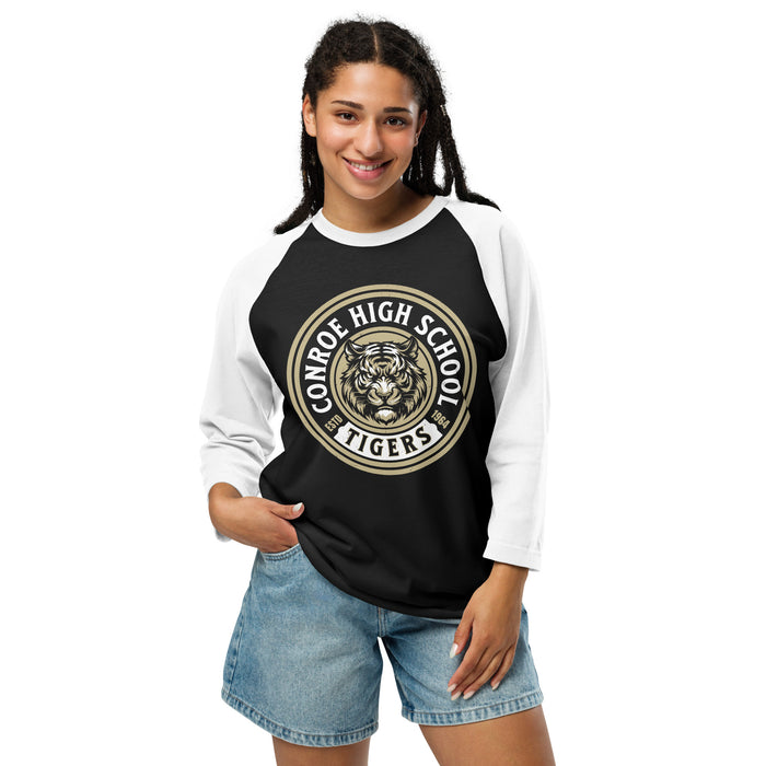 Woman wearing Conroe High School Tigers Unisex 3/4 sleeve Raglan T-shirt 220