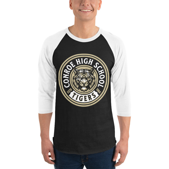 Man wearing Conroe High School Tigers Unisex 3/4 sleeve Raglan T-shirt 220