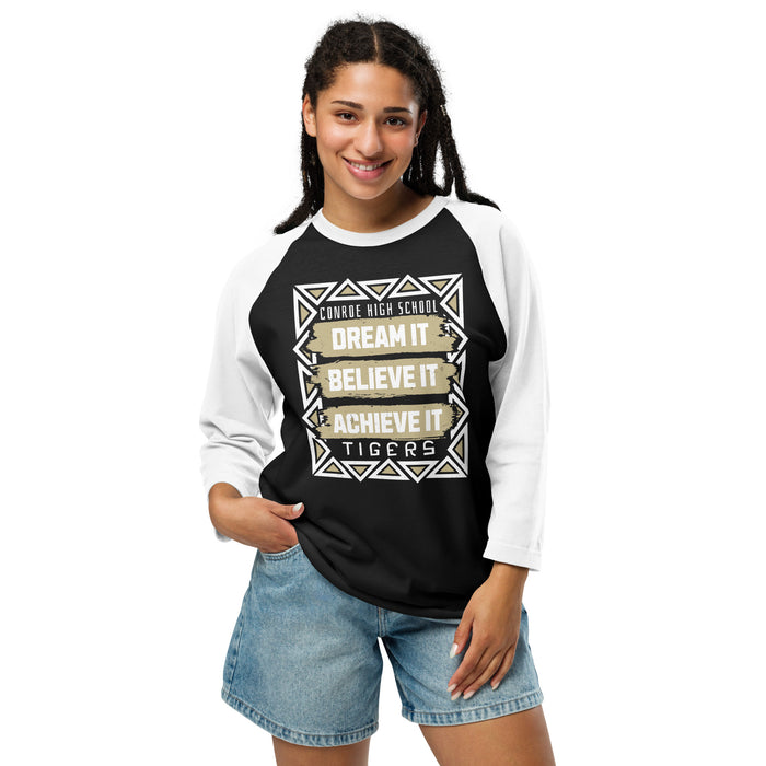 Woman wearing Conroe High School Tigers Unisex 3/4 sleeve Raglan T-shirt 228